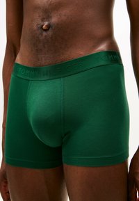 Grønne boxershorts lavet af glat stof med en syet elastik i taljen, hvor "TOMMY HILFIGER" er prægede i en matchende grøn farve.