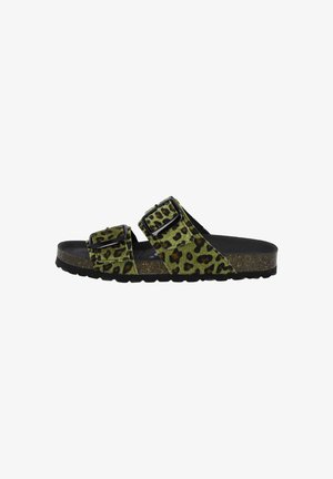 Grüne Sandalen mit Leopardenmuster, zwei verstellbaren Schnallenriemen, strukturiertem Obermaterial und einer kontrastierenden schwarzen Sohle mit gesprenkelter Optik.
