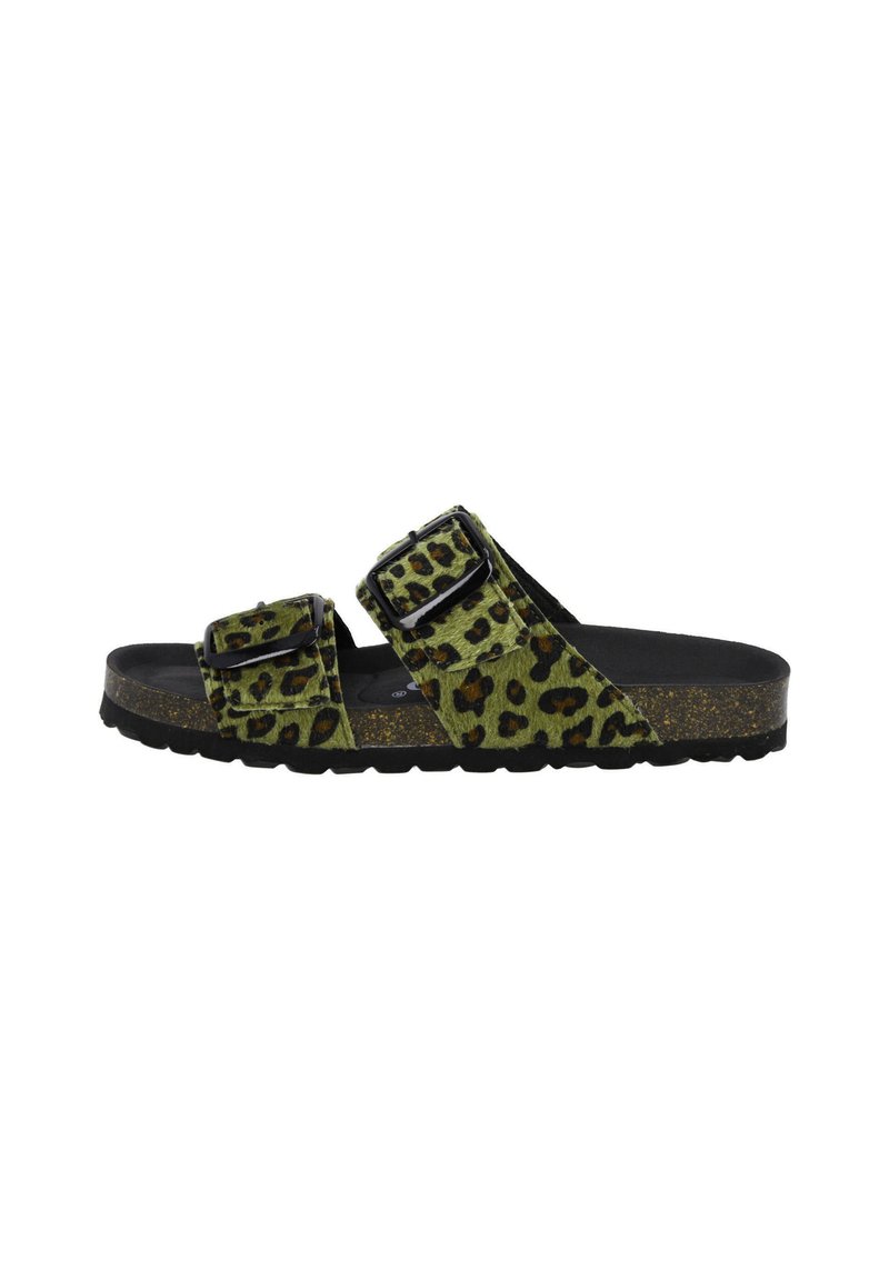 Grüne Sandalen mit Leopardenmuster, zwei verstellbaren Schnallenriemen, strukturiertem Obermaterial und einer kontrastierenden schwarzen Sohle mit gesprenkelter Optik.