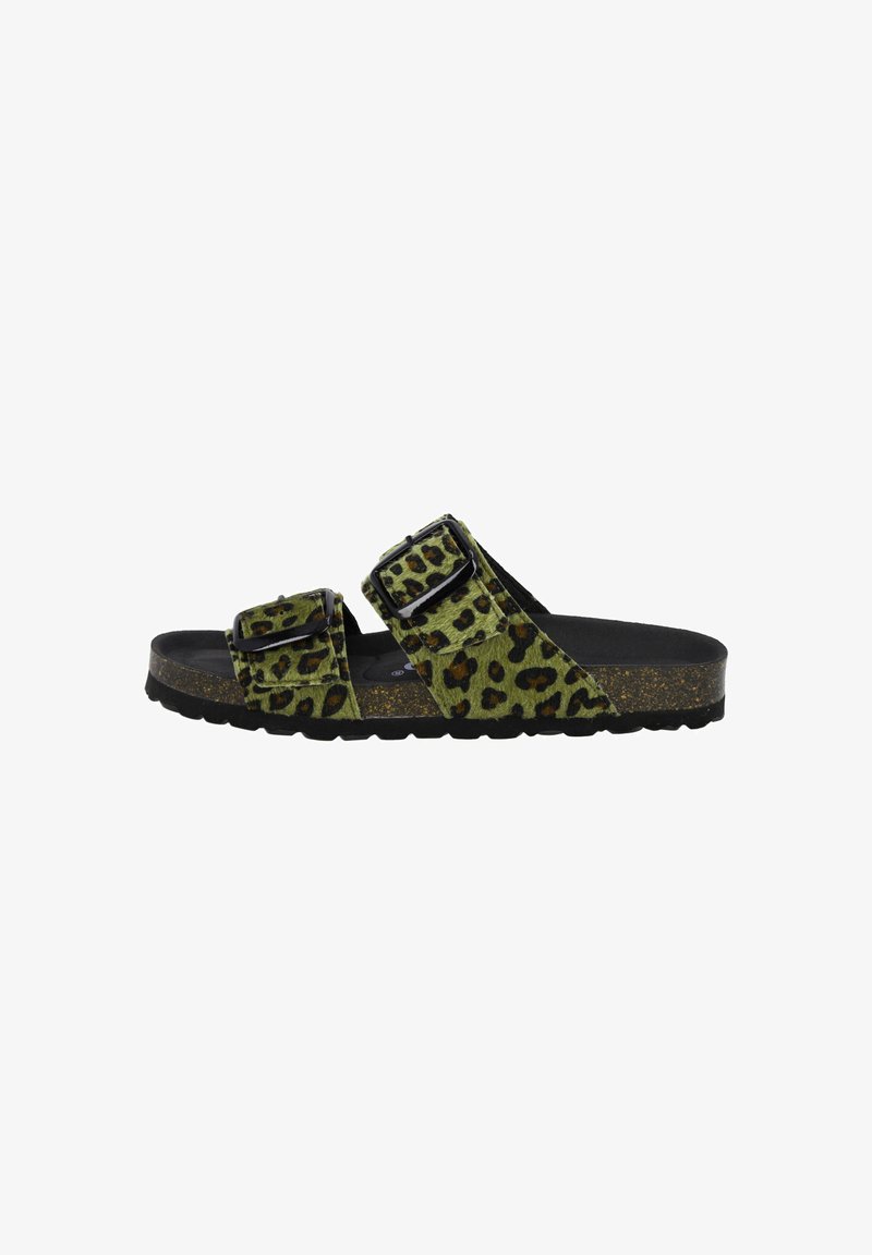 Groene sandalen met luipaardpatroon, voorzien van twee verstelbare gespbanden, een gestructureerd bovenmateriaal en een contrasterende zwarte zool met een gespikkelde afwerking.
