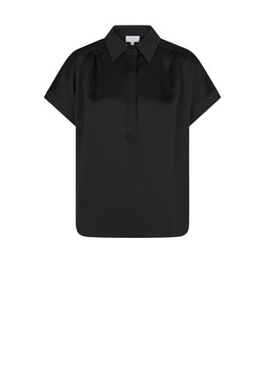 Zwarte korte mouwen shirt met een kraag, voorzien van een knoopsluiting en een gladde, glanzende stof. Rechte snit met details aan de zijnaad.