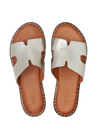 Zilver metallic schuifsandalen met een brede band, een tan kleurige inlegzool en een gestepte bruine buitenzool. Open teen ontwerp met uitsnijdingen.