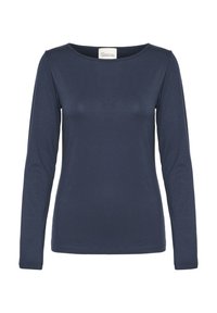 Long-sleeve navy blue top made of soft fabric with a rounded neckline and a fitted silhouette. Features a simple design with no patterns.