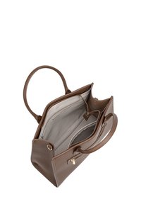 Borsa a tracolla in pelle marrone con doppi manici, chiusura con zip e un interno spazioso di colore chiaro con numerose tasche per l'organizzazione.