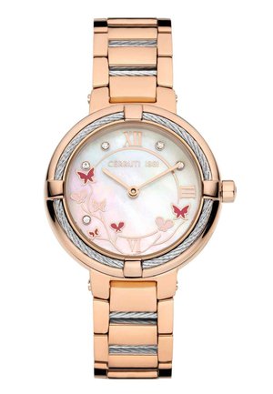 Reloj Cerruti 1881 con una caja redonda de oro rosa, esfera de nácar, motivos de mariposa plateados y una pulsera con eslabones alternos de oro rosa y plata.
