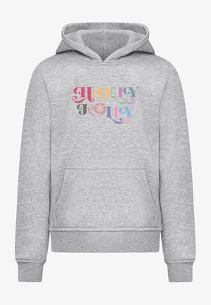Hoodie gris avec une poche avant. Présente un texte coloré "JOLLY" dans différentes polices et motifs. Tissu doux, capuche avec cordon.
