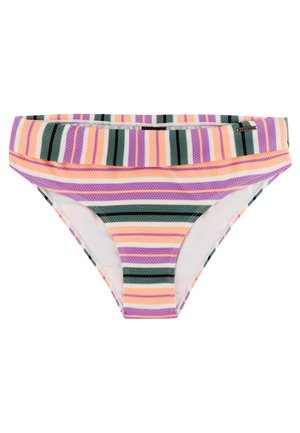 Gestreifter Bikini-Slip aus strukturiertem Stoff in lila, orange, weiß und dunkelgrünen horizontalen Streifen, mit breitem Bund und kleinem Markenschild.