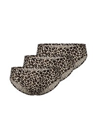 Three pairs of women’s briefs featuring a beige background with black and brown leopard print. Soft fabric with elastic waistband.