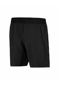 Șorturi de baie negre cu un talie elastică, având o textură netedă și un design simplu, fără ornamente. Include două buzunare laterale.