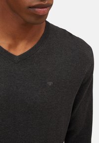 Dunkelgrauer V-Ausschnitt-Pullover mit geripptem Halsausschnitt und subtilen Logo-Details auf der Brust, aus einem weichen, strukturierten Stoff gefertigt.