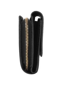 Portafoglio pieghevole in pelle nera mostrato di lato con una cerniera dorata visibile e scomparti multipli.