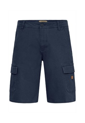 Pantaloni scurți cargo bleumarin din bumbac. Prezintă mai multe buzunare, închidere cu nasturi și un material texturat cu un luciu subtil.