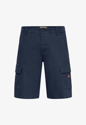 Pantaloni scurți cargo bleumarin din bumbac. Prezintă mai multe buzunare, închidere cu nasturi și un material texturat cu un luciu subtil.