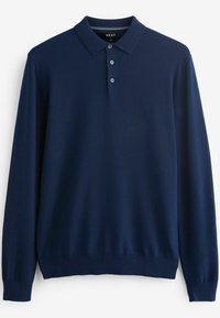 Granatowa koszulka polo z długim rękawem, klasycznym kołnierzykiem, trzema guzikami i ściągaczami przy mankietach. Miękka tkanina o gładkiej strukturze.