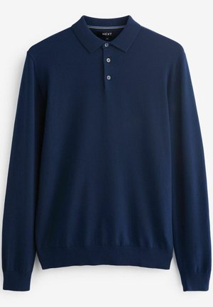 Navy long-sleeve polo shirt with a classic collar, three-button placket, and ribbed cuffs. Soft fabric with a smooth texture.