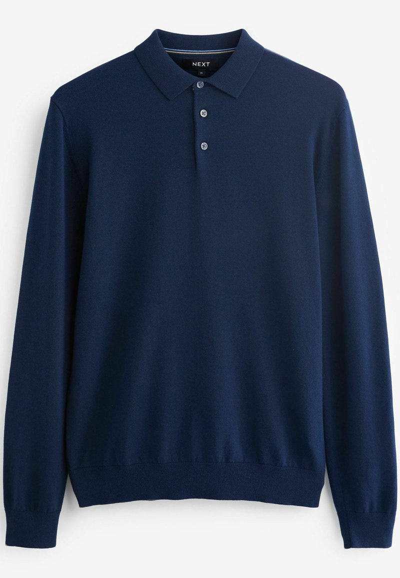 Granatowa koszulka polo z długim rękawem, klasycznym kołnierzykiem, trzema guzikami i ściągaczami przy mankietach. Miękka tkanina o gładkiej strukturze.