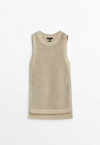 Pull sans manches en maille beige avec col rond et bords côtelés, étalé à plat sur un fond blanc.