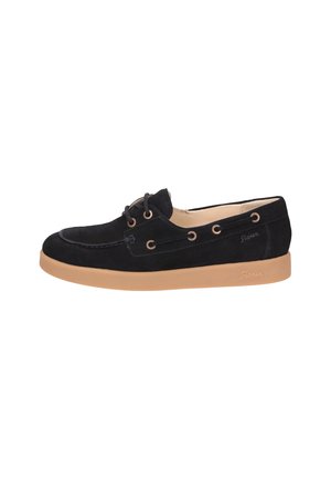 Black suede boat shoe with beige sole, lace-up front, metal eyelets, and side stitching detail.