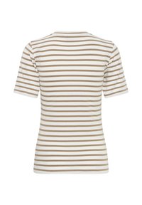 Tricou cu mâneci scurte, design ajustat, cu dungi alternative maro și albe, confecționat din material moale de bumbac.