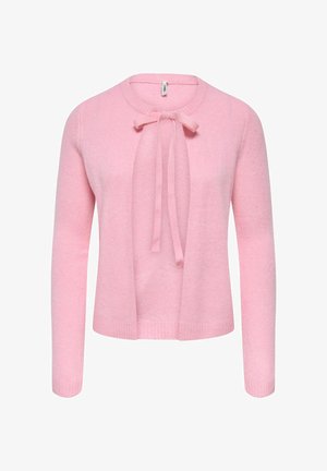 Roze gebreid vest met een ronde halslijn, een sluiting met strik aan de voorkant, lange mouwen en geribbelde manchetten en zoom. Zachte textuur en lichtgewicht materiaal.