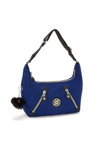 Borsa a spalla in tessuto blu con dettagli neri, dotata di due tasche con zip, finiture in argento e un portachiavi a pompon nero.
