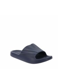 Infradito blu navy con punta aperta, parte superiore testurizzata che presenta scanalature diagonali e una suola piatta e imbottita.