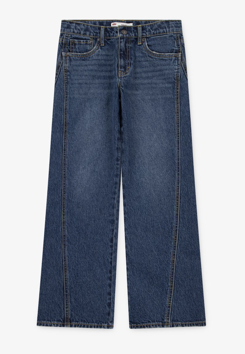 Bredda blå denimjeans med en klassisk femficksdesign, som har kontrasterande sömmar och en slät yta.