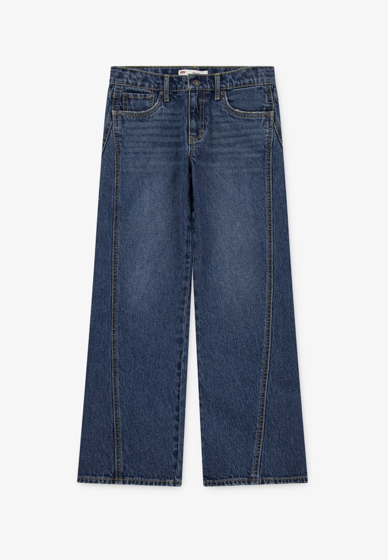 Jeans in denim blu a palazzo con un classico design a cinque tasche, caratterizzati da cuciture a contrasto e una texture liscia.