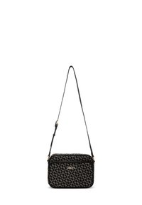 Borsa a tracolla con motivo nero e beige, tracolla regolabile, dettagli in metallo dorato e scomparti con cerniera.