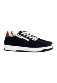 Baskets en toile navy avec des lacets blancs et une semelle intermédiaire blanche. Accent en cuir marron au niveau du talon et marquage sur le côté en blanc. Semelle extérieure en caoutchouc.
