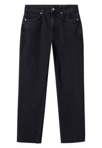 Jeans en denim noir avec une coupe droite, dotés de poches avant, d'une fermeture à bouton et d'accents d'ourlet brut. Tissu doux et texturé.