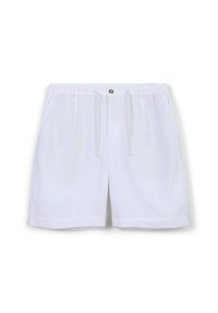 Weiße Shorts aus leichtem Stoff, mit einem elastischen Bund und Kordelzug, Fronttaschen und einem lockeren Schnitt.