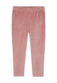Soft pink leggings made of plush fabric with an elastic waistband; fitted design extends to the ankles, providing a smooth texture.