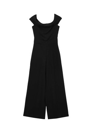 Tuta nera con scollatura ampia e drappeggiata, corpino aderente e design a gambale largo. Realizzata in tessuto liscio senza motivi o accenti visibili.