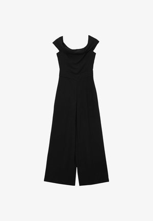 Tuta nera con scollatura ampia e drappeggiata, corpino aderente e design a gambale largo. Realizzata in tessuto liscio senza motivi o accenti visibili.