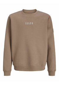 Sudadera beige con cuello redondo y mangas largas. Presenta el logotipo blanco "JACK & JONES" en el pecho y puños y dobladillo acanalados.