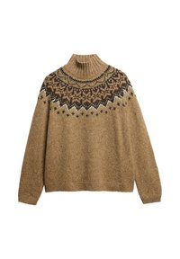 Jersey marrón con un cuello alto acanalado, que presenta un canesú con un patrón en marrón oscuro, crema y verde. Superficie suave y texturizada con un corte holgado.