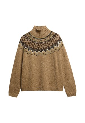 Pullover marrone a maglia con colletto alto a costine, con un giromanica decorato in marrone scuro, crema e verde. Superficie morbida e texturizzata con una vestibilità ampia.