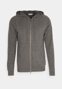 Grau zip-up Hoodie aus weichem Stoff, mit einer Kapuze mit Kordelzug, zwei vorderen Taschen und gerippten Bündchen und Saum.