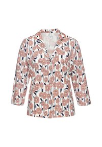 Collared button-up shirt features a white background with a floral pattern in red and navy, three-quarter sleeves, and a relaxed fit.