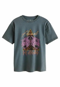 Dunkelblau-grünes Baumwoll-T-Shirt mit Grafik von zwei Leoparden und dem Text "Animal Def Leppard" in leuchtendem Pink und Gelb. Kurze Ärmel, Rundhalsausschnitt.
