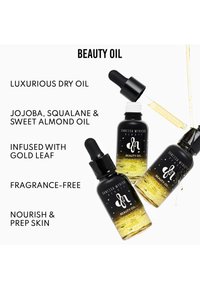 Tre pipetter med skjønnhetsolje i svart og gull design. Klar olje med gullflak, med en matte svart kork og etikett. Uten duft.