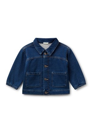 Dark blue denim toddler jacket with front buttons, two patch pockets, long sleeves, and a traditional collar on a white background.