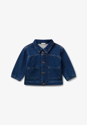 Dark blue denim toddler jacket with front buttons, two patch pockets, long sleeves, and a traditional collar on a white background.