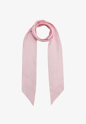 Jasnoróżowy jedwabny szalik o gładkiej fakturze, z dwiema długimi, zwężającymi się końcówkami oraz zapętlonym wzorem.