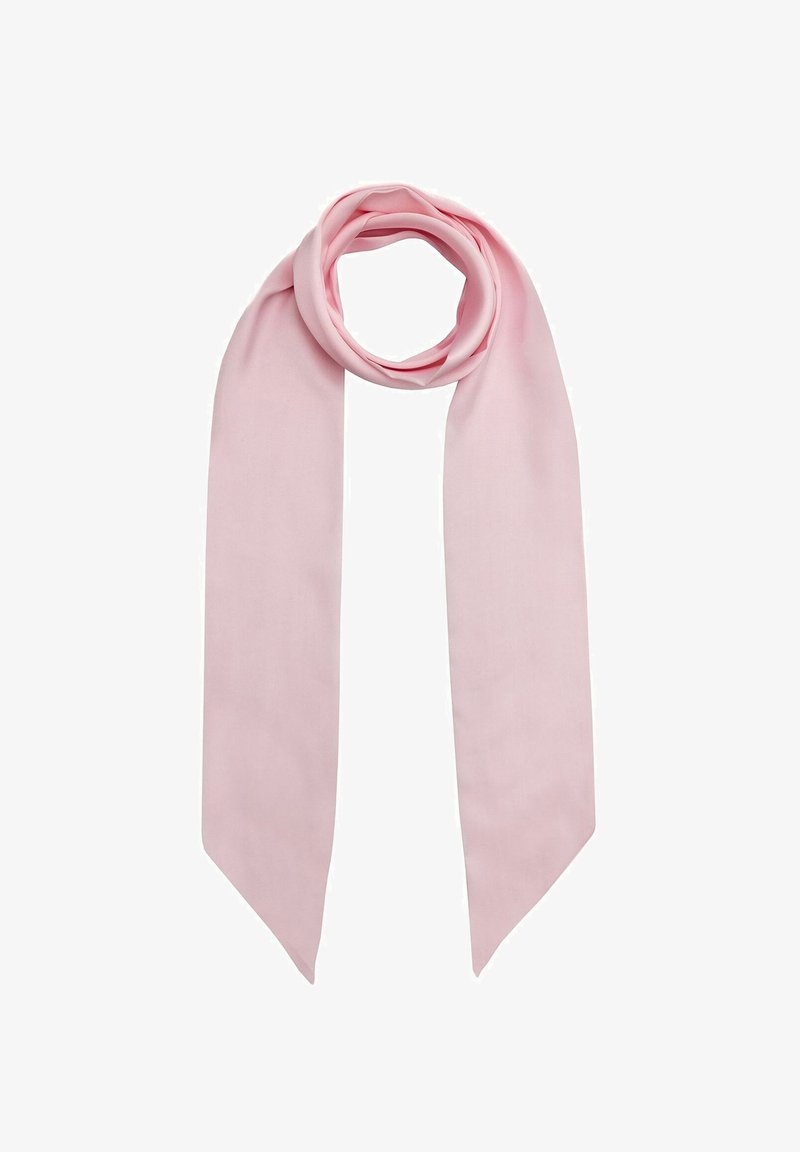Jasnoróżowy jedwabny szalik o gładkiej fakturze, z dwiema długimi, zwężającymi się końcówkami oraz zapętlonym wzorem.