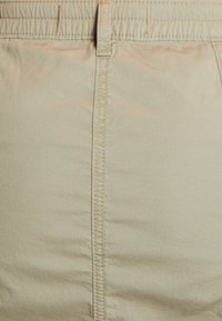 Béžové kraťasy s hladkým povrchem, elastickým pasem a středovým švem. Obsahují horní knoflík a kontrastní prošití.