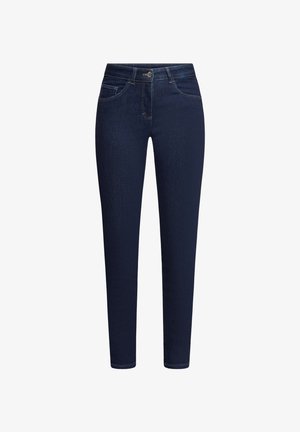 Jeans in denim blu scuro con vestibilità slim, dotati di tasche frontali, chiusura con bottoni e leggera scoloritura per una texture uniforme.