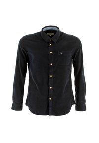Chemise en velours côtelé bleu marine foncé avec un col boutonné, une poche avant et des boutons en bois. Elle présente des manches longues et une texture douce.