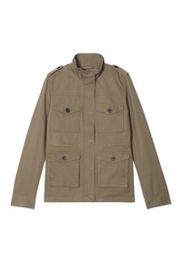 Giacca militare verde oliva con colletto alto, quattro tasche frontali, dettagli a bottone e maniche lunghe, realizzata in tessuto resistente.